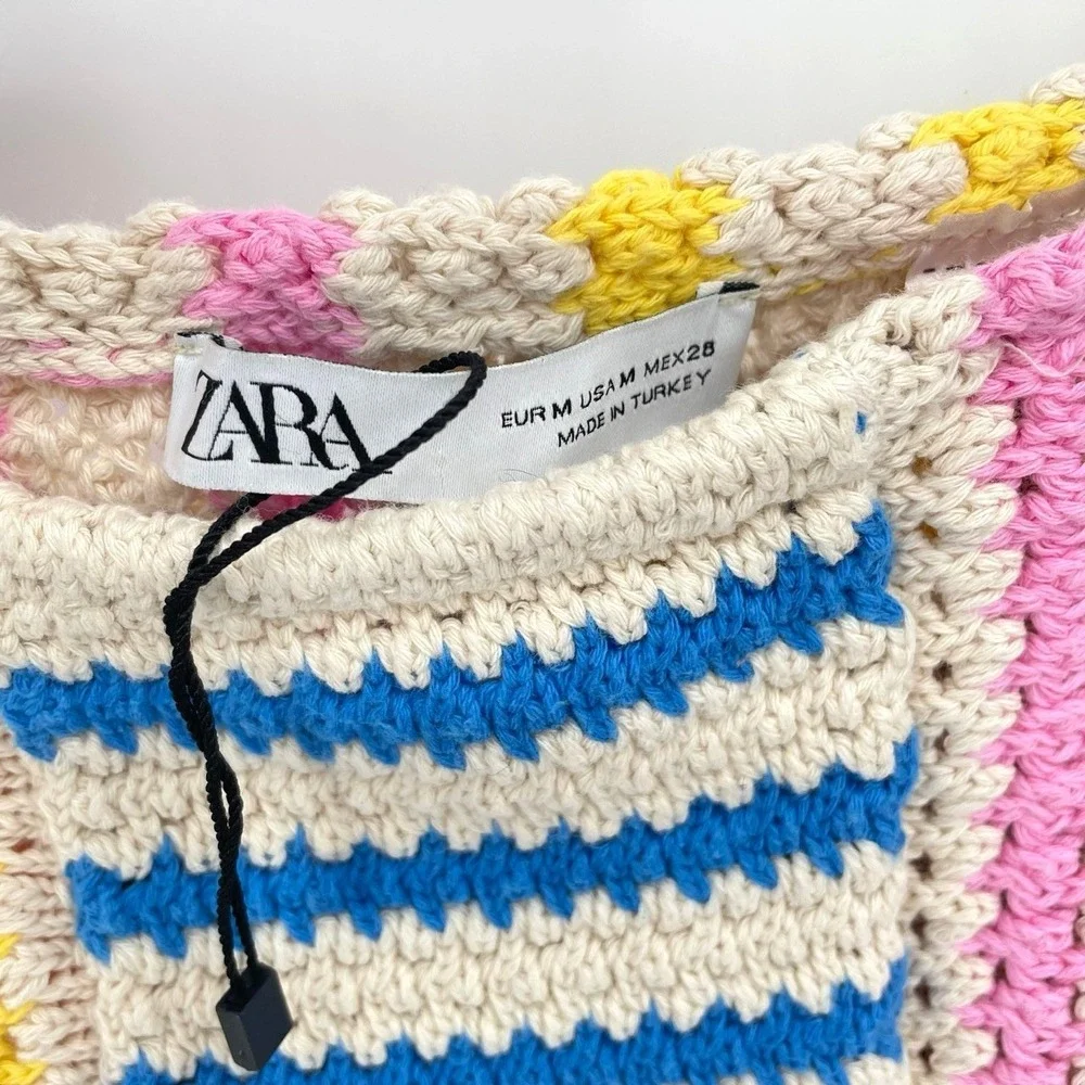 Zara Womens Medium‎ Crochet Knit Crop Top Tank Multicolor Striped Beachwear NWOT